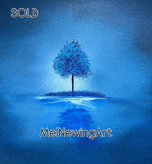 Blue tree painting with a blue background.