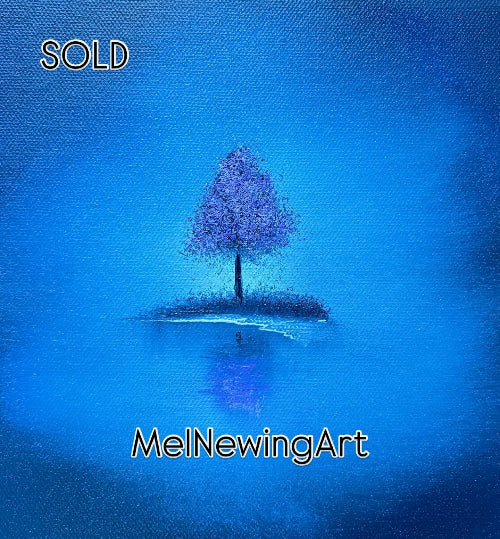 Blue abstract art with a tree on an island.