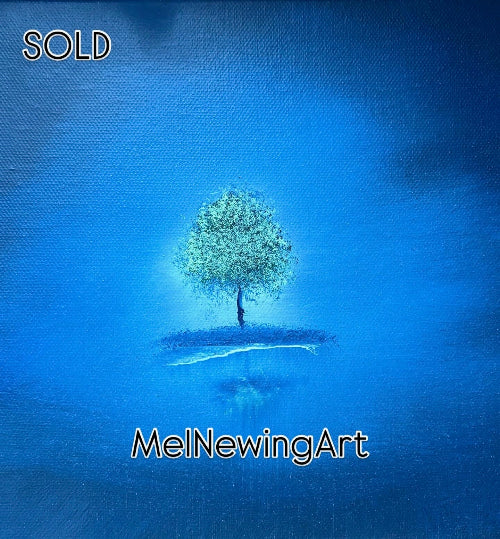 Artwork of a green tree on a blue background.