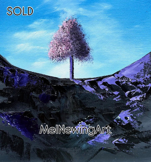 Artistic depiction of a tree with pink blossoms on a mountain landscape.