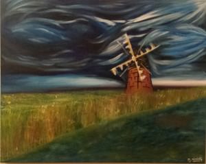 Acrylic painting of a windmill on the Norfolk Broads